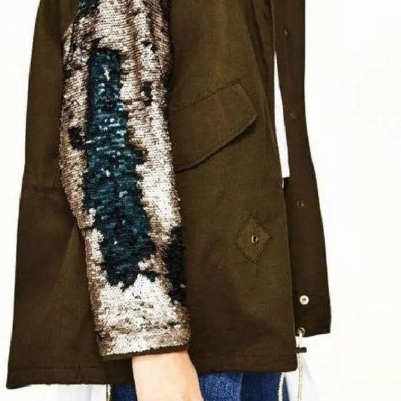 Zara Changing Sequin Sleeve Parka Olive Green Utility Jacket Shiny Sparkly - Picture 6 of 16